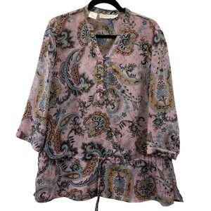 Kathy Che Paisley‎ Blouse Sheer 3/4 Sleeve Drawstring Tunic Top Size 16